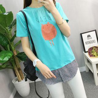Gingham Panel Printed Short Sleeve T-shirt