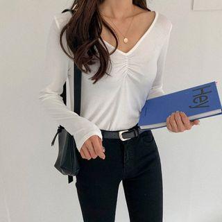 Shirred-trim Slim Sheer T-shirt