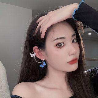 Butterfly Chained Drop Earring 1 Pc - Silver Needle - Butterfly - Blue - One Size