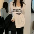 Round-neck Lettering Slit Long-sleeve T-shirt White - One Size