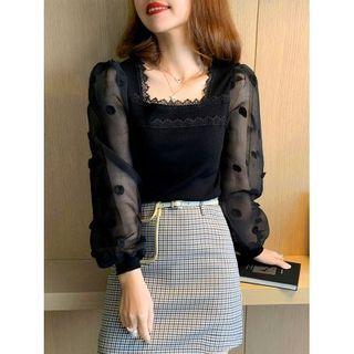 Square-neck Mesh Panel Knit Top