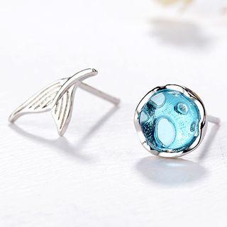 Mermaid Tail Asymmetric Stud Earring Stud Earring - 1 Pair - White Gold & Aqua Blue - One Size