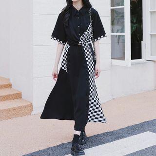 Short-sleeve Collar Checkered Panel Midi A-line Dress