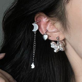 Set Of 3: Butterfly / Moon / Heart Alloy Dangle Earring