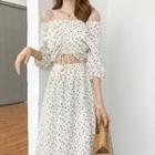 Set: Off-shoulder Floral Top + Midi Floral A-line Skirt White - One Size