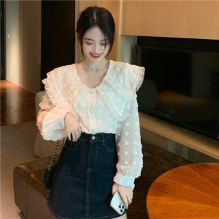 V-neck Plain Dotted Button-up Shirt