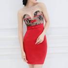 Lace Panel Deep Plunge Strapless Bodycon Dress