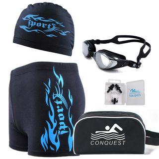 Set: Swimming Shorts + Swimming Goggles + Swimming Cap + Nasal Clamp + Ear Plugs