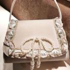 Faux Pearl Ribbon Evening Hand Bag Beige - One Size