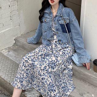 Floral Print Midi A-line Dress / Denim Jacket