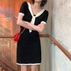 Color-block Short-sleeve Slim-fit Dress / Set: Color-block Knit Top + Skirt