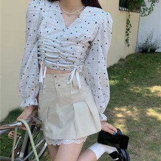 Long Sleeve Heart Print Gingham Crop Blouse