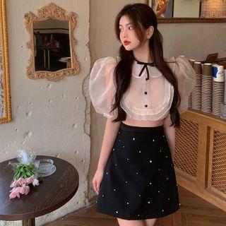Puff-sleeve Ruffle Sheer Blouse / Rhinestone Mini A-line Skirt