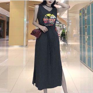 Print Drawstring Waist Midi Tank Dress