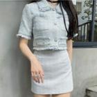 Fray Hem Short-sleeve Cropped Tweed Top / Mini Pencil Skirt