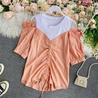 Inset Tank Cold-shoulder Drawstring Short-sleeve Blouse