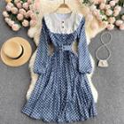 Lace Collar Panel Plaid Puff-sleeve Dress