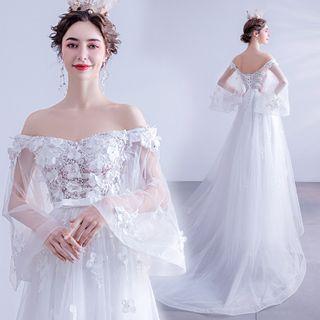 Long-sleeve Off-shoulder Embroidered Mesh A-line Gown