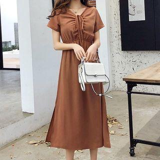 Lace-up Short-sleeve Midi A-line Dress
