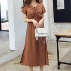 Lace-up Short-sleeve Midi A-line Dress