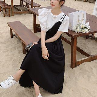 Set: Asymmetrical Short-sleeve Top + Midi Overall Dress
