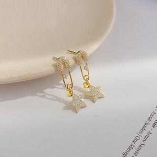 925 Sterling Silver Rhinestone Star Pin Drop Earring Gold - One Size