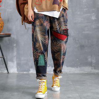Leaf Print Cropped Harem Jeans Denim Blue - One Size