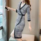 3/4-sleeve Houndstooth Knit Dress