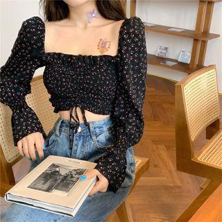 Long-sleeve Square-neck Floral Print Cropped Top