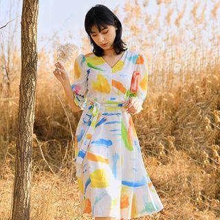 Printed Elbow-sleeve Tie-waist Midi A-line Dress