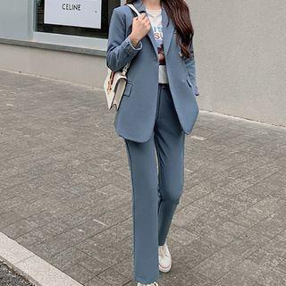 Set: Plain Blazer + Straight-cut Dress Pants