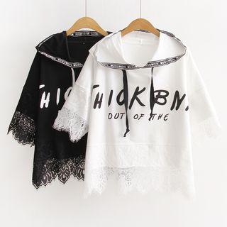 Lace Trim Lettering Short Sleeve Hoodie