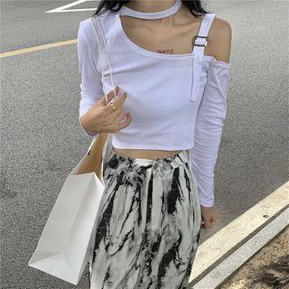 Long-sleeve Plain Cut-out Top
