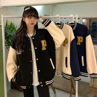 Long-sleeve Two-tone Lettering Baseball Jacket