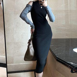 Cold-shoulder Ribbed Midi Knit Sheath Dress Gray & Black - One Size