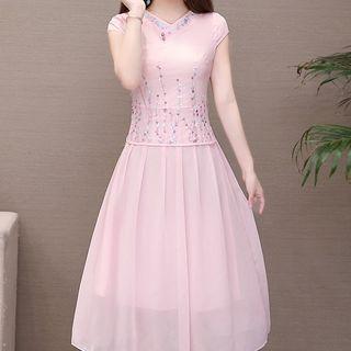 Embroidered Cap-sleeve Midi A-line Dress