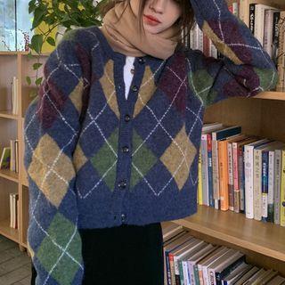 Argyle Print Cardigan Navy Blue - One Size
