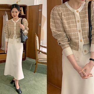 Puff-shoulder Plaid Cardigan