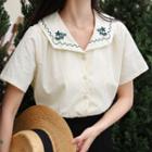 Short-sleeve Flower Embroidered Shirt Almond - One Size