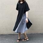 Color Block Short-sleeve Midi A-line Dress Black - One Size