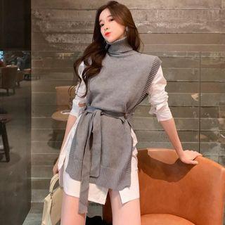 Long-sleeve Plain Shirt / Turtle-neck Knit Vest
