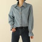 Bell-cuff Washed Denim Blouse Blue - One Size
