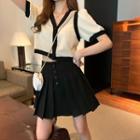 Contrast Trim Short-sleeve Top / Pleated Skirt