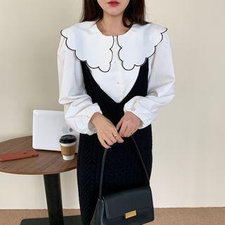 Long-sleeve Scalloped Collar Blouse / Spaghetti Strap Shift Pinafore Dress