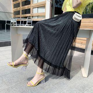 Sparkly Mesh Overlay A-line Midi Skirt