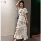 Short-sleeve Printed T-shirt / Asymmetric Polka Dot A-line Maxi Skirt