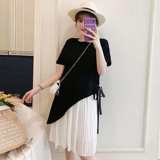 Set: Short-sleeve Asymmetric T-shirt + Pleated Chiffon Skirt