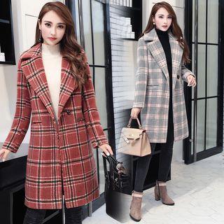 Single-button Plaid Woolen Coat