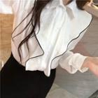 Long-sleeve Contrast Trim Ruffle Blouse White - One Size