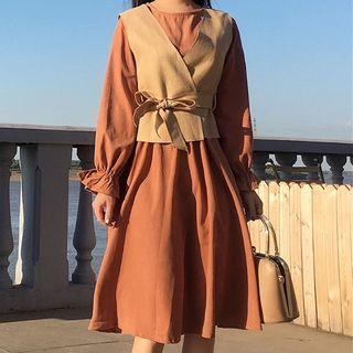 Set: Long-sleeve A-line Midi Dress + Houndstooth Vest
